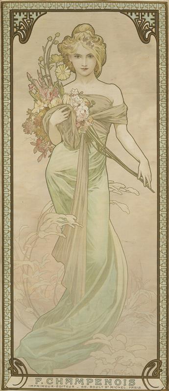ALPHONSE MUCHA (1860-1939). [THE SEASONS.] Four decorative panels on silk. 1900. Each 27x12 inches, 70x31 cm. F. Champenois, Paris.